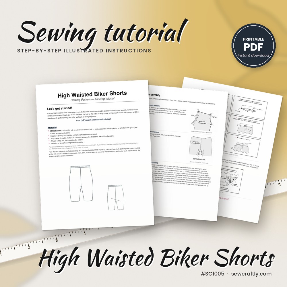 High waisted biker shorts printable sewing tutorial PDF with illustrated step-by-step instructions